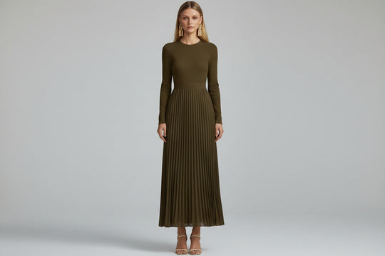 Women’s Long Sleeve Satin Knit Pleated Maxi Dress