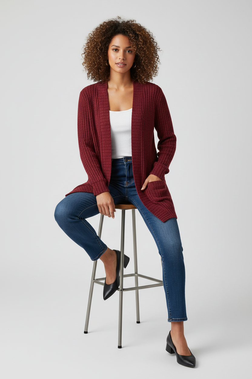 Burgundy cardigan - sitting on stool