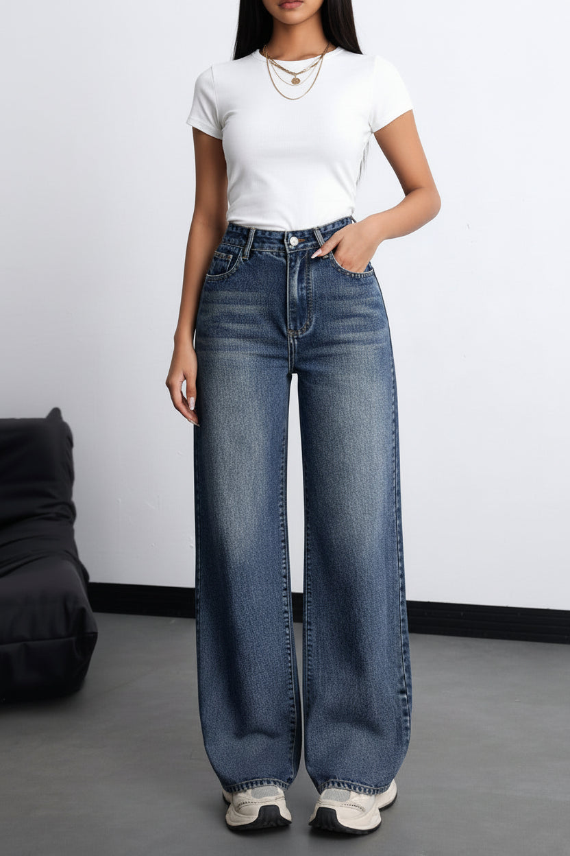 Women’s Plus Size High Waist Straight Wide-Leg Denim Jeans