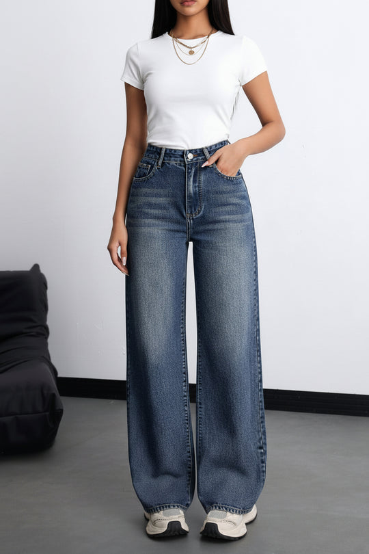 Women’s Plus Size High Waist Straight Wide-Leg Denim Jeans