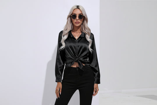 Women’s Satin Long Sleeve Shirt Button Cardigan Blouse