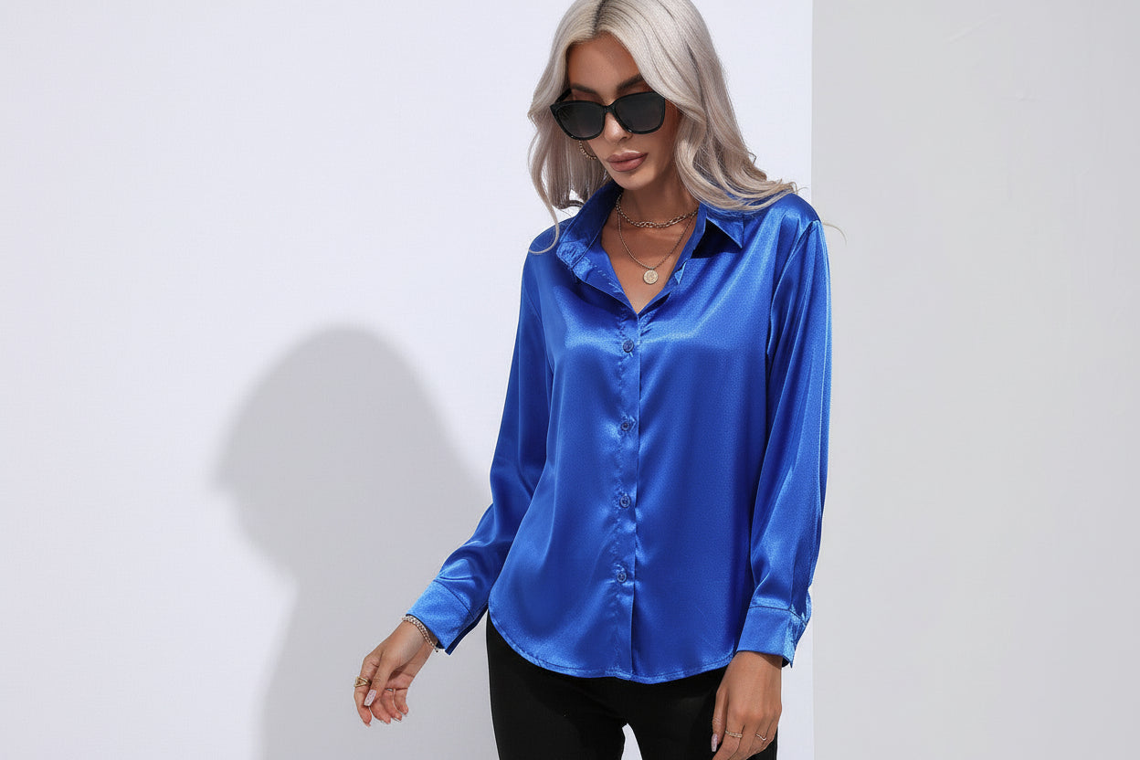 Women’s Satin Long Sleeve Shirt Button Cardigan Blouse