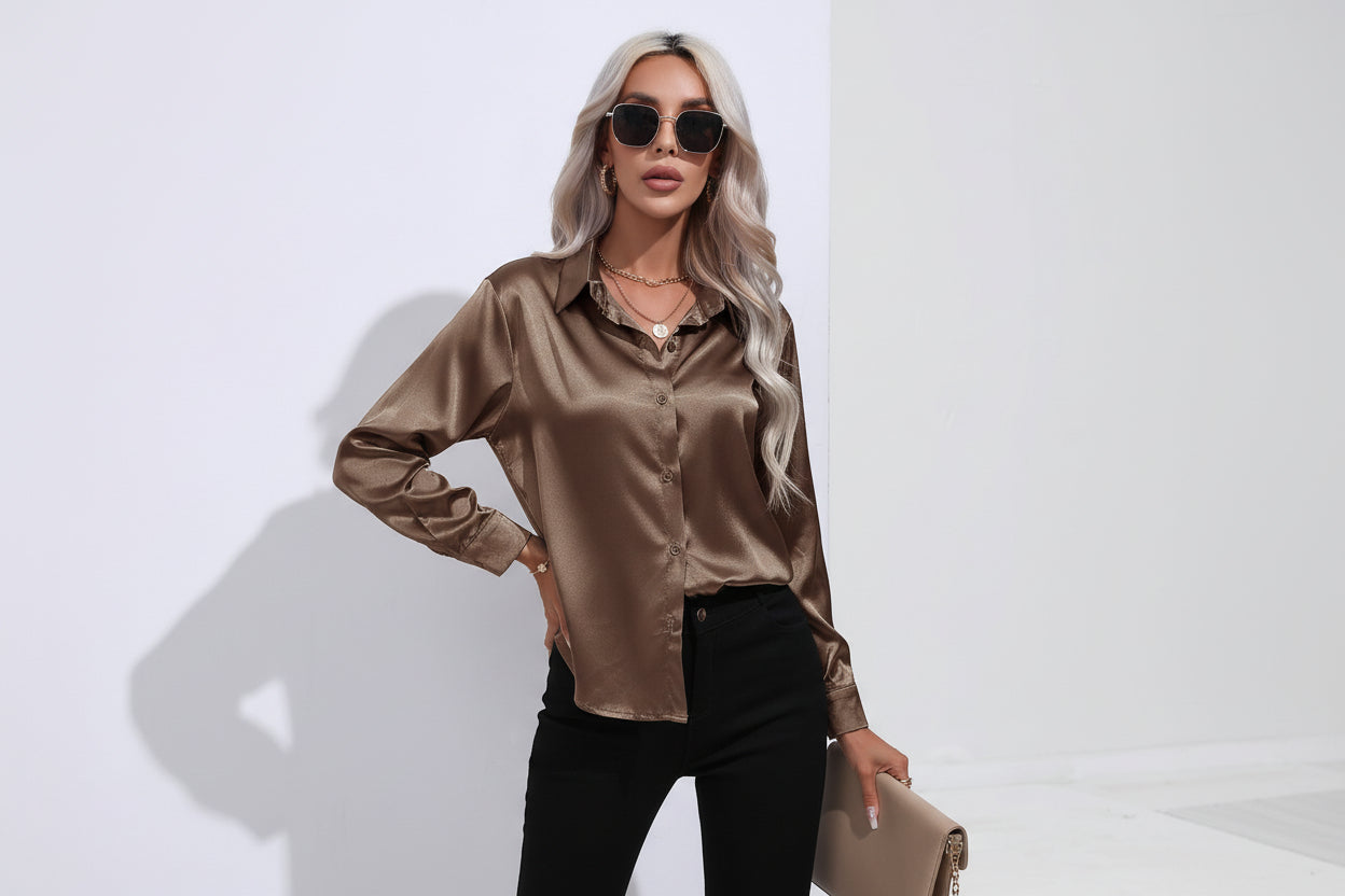 Women’s Satin Long Sleeve Shirt Button Cardigan Blouse