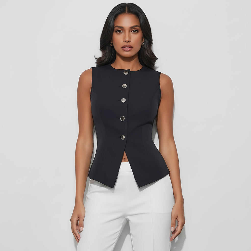 Women’s Sleeveless Button Vest Slim Fit Defined Waist