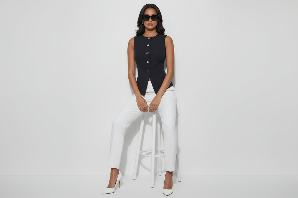Women’s Sleeveless Button Vest Slim Fit Defined Waist
