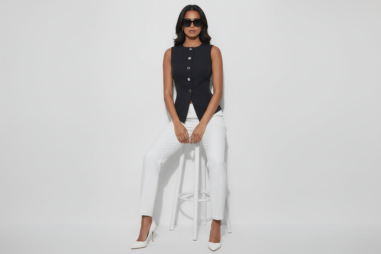 Women’s Sleeveless Button Vest Slim Fit Defined Waist