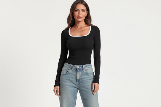 Women's Long-Sleeved Square Collar Pullover Top