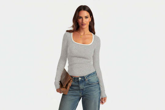 Women's Long-Sleeved Square Collar Pullover Top