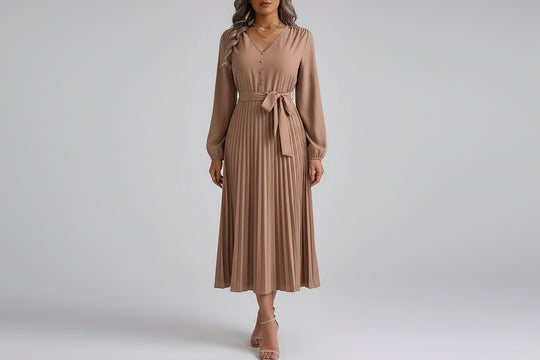 Women’s V-neck Button Lace-up Pleated Maxi Dress
