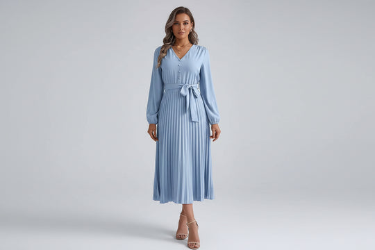 Women’s V-neck Button Lace-up Pleated Maxi Dress