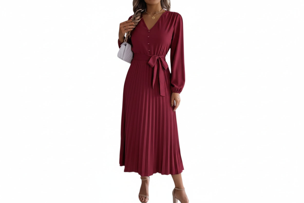 Women’s V-neck Button Lace-up Pleated Maxi Dress