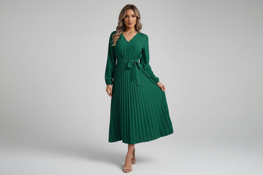 Women’s V-neck Button Lace-up Pleated Maxi Dress