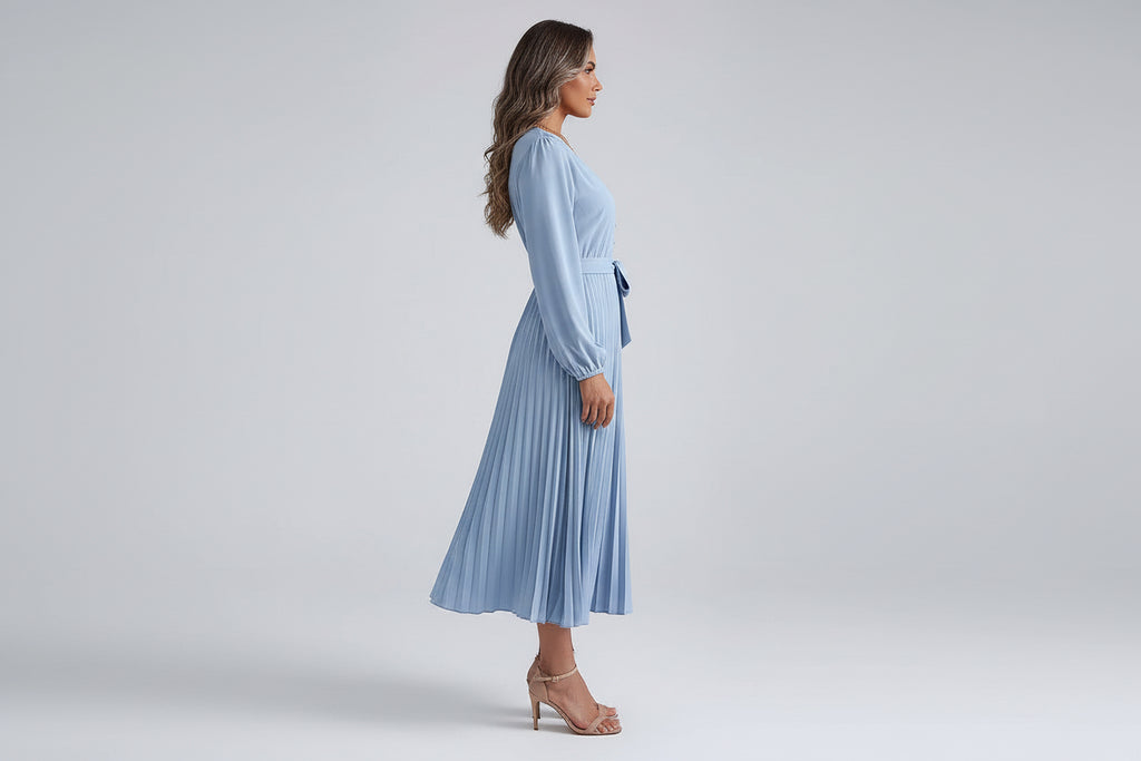 Women’s V-neck Button Lace-up Pleated Maxi Dress