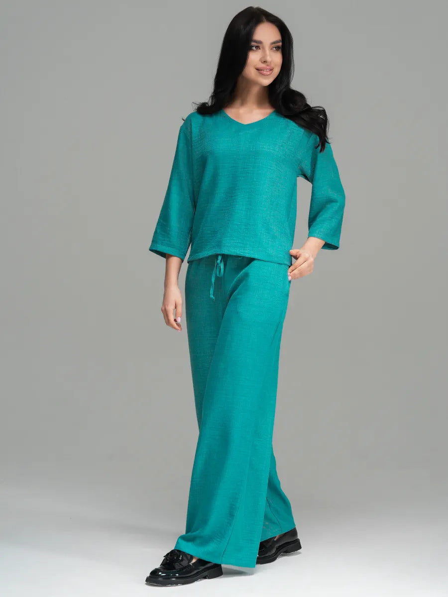 Womens Casual Two-Piece Set Fashionable Solid-Color Loose Cropped-Sleeve Wide-Leg Pants Suit