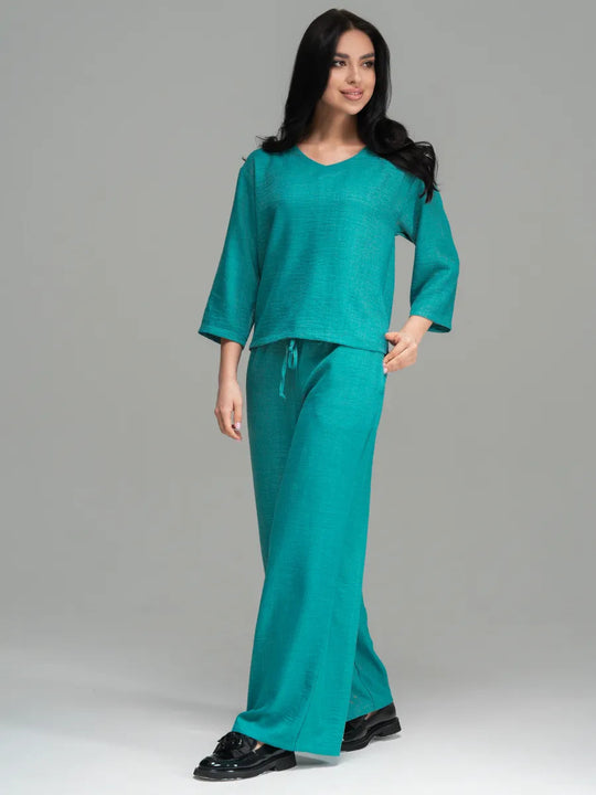 Womens Casual Two-Piece Set Fashionable Solid-Color Loose Cropped-Sleeve Wide-Leg Pants Suit