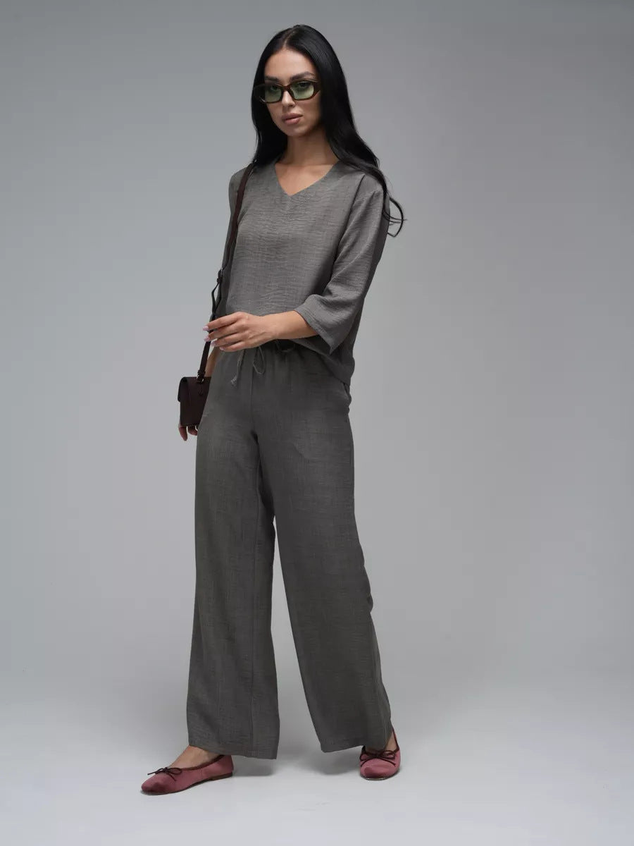 Womens Casual Two-Piece Set Fashionable Solid-Color Loose Cropped-Sleeve Wide-Leg Pants Suit