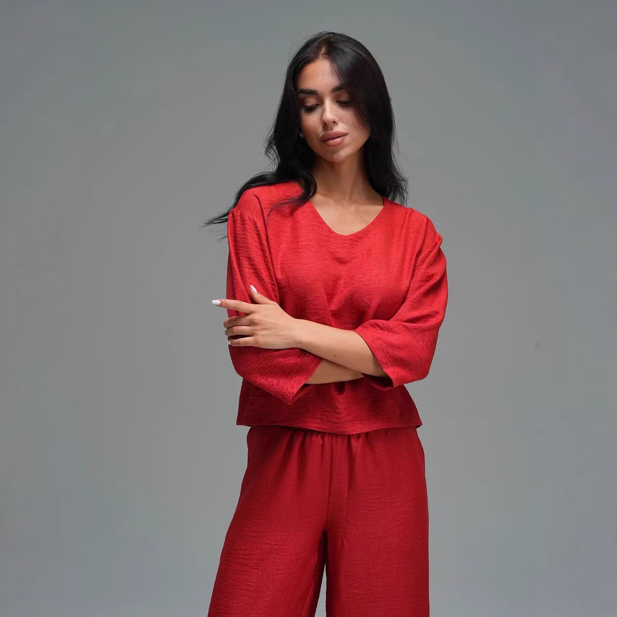 Womens Casual Two-Piece Set Fashionable Solid-Color Loose Cropped-Sleeve Wide-Leg Pants Suit
