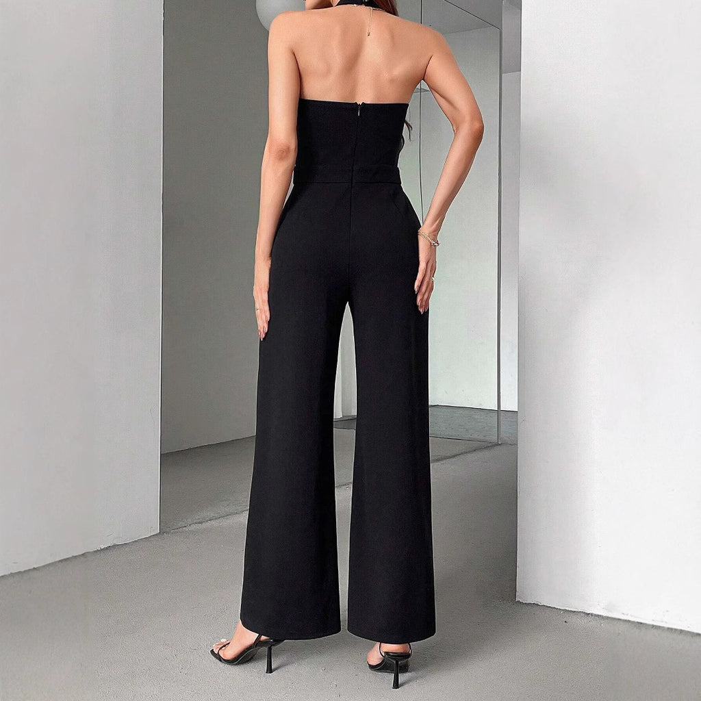 Women's Black And White Color Matching Straight Halter Jumpsuit