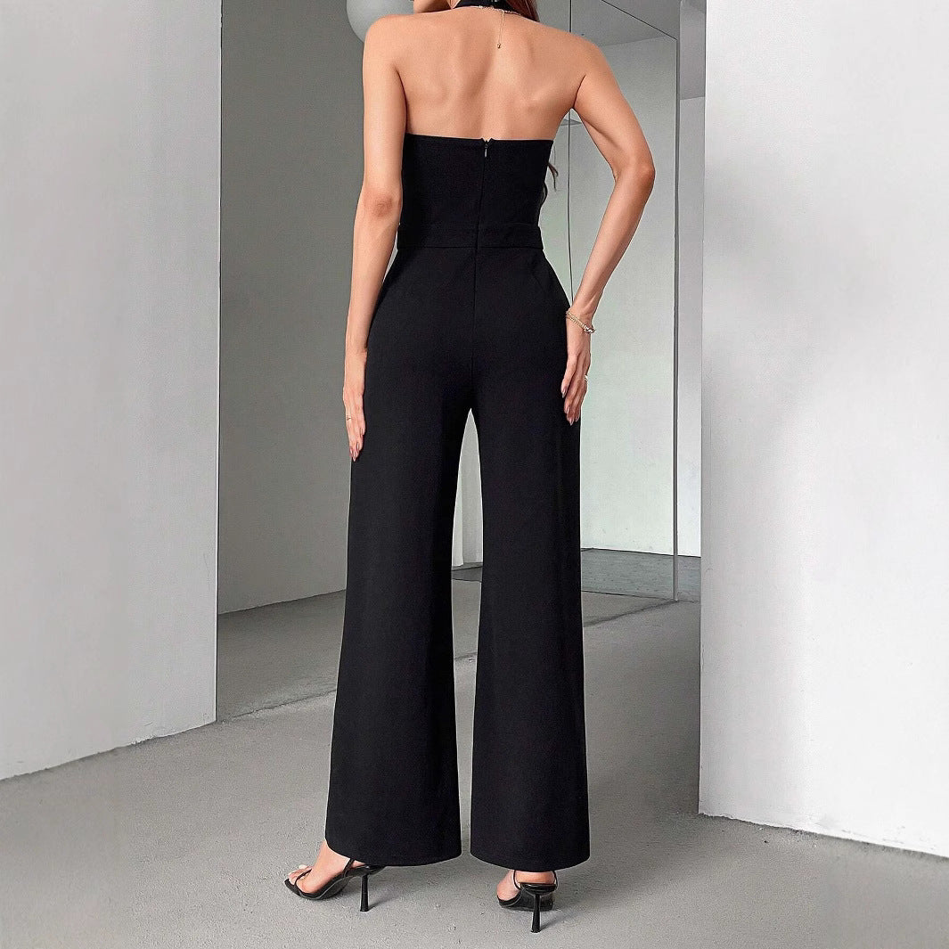 Women's Black And White Color Matching Straight Halter Jumpsuit