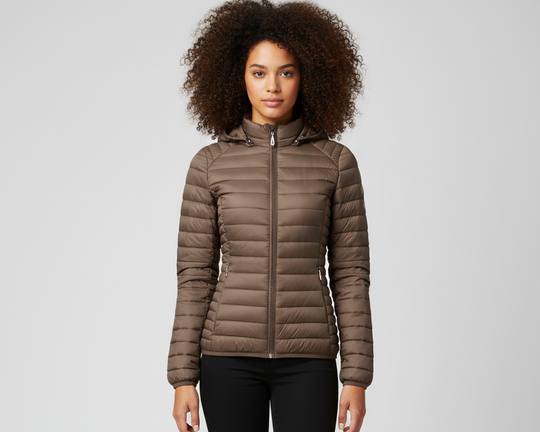 Brown puffer jacket - full body front