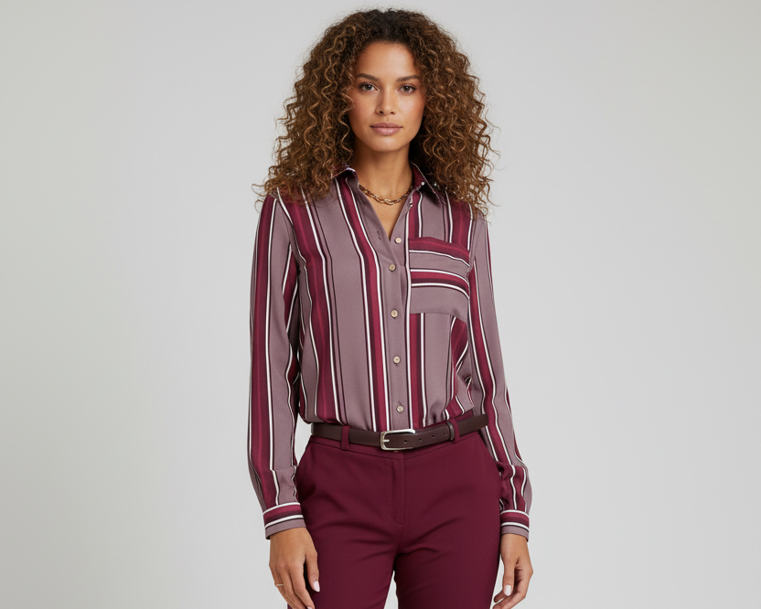 Burgundy striped shirt - full body front