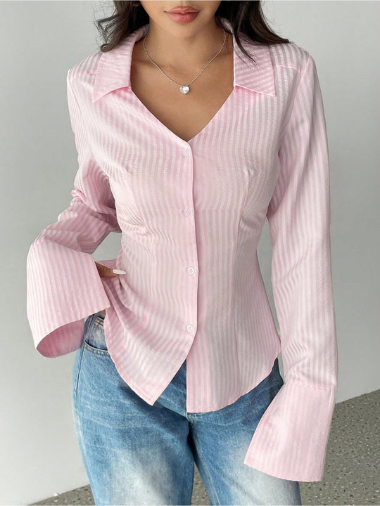 Women's Striped All-matching Casual Bell Sleeve Polo Collar Top