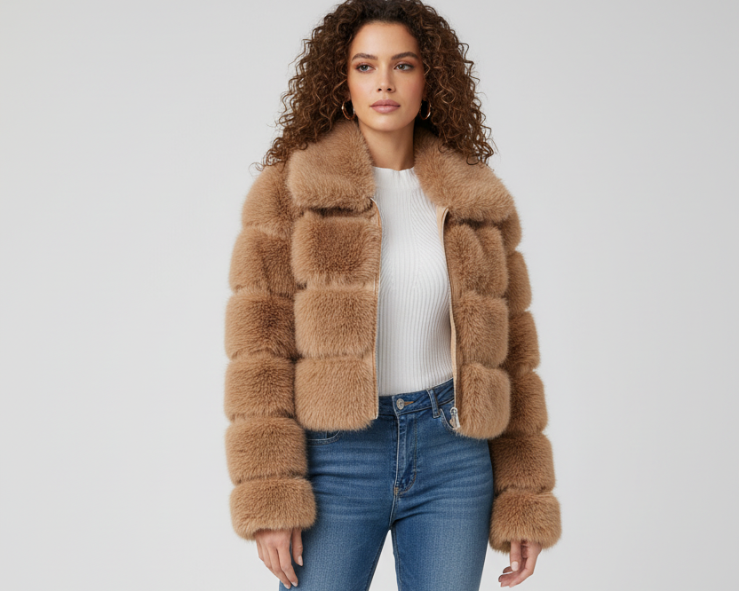 Camel faux fur jacket - full body front