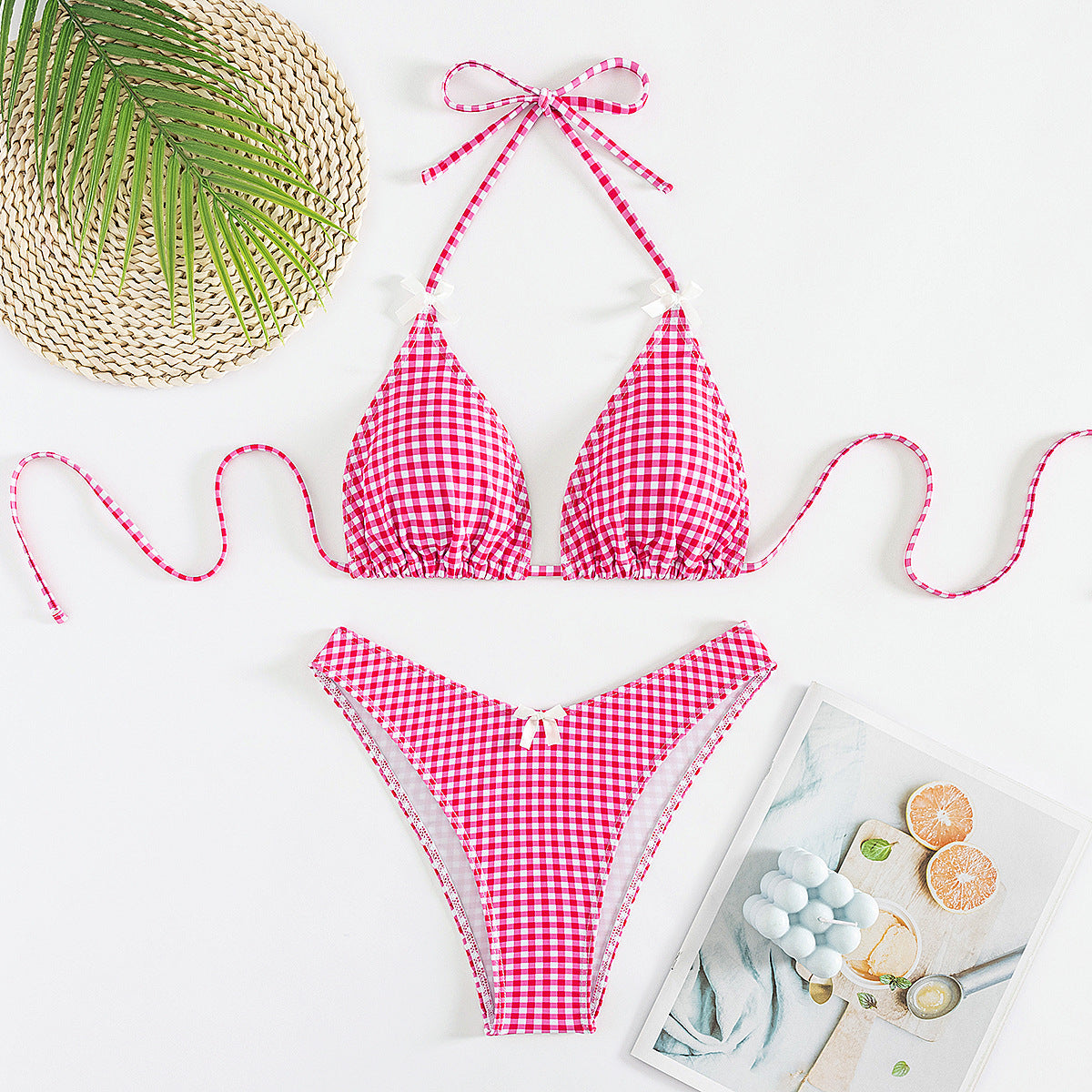 Split Plaid Printed Banded Bikini Swimsuit For Women