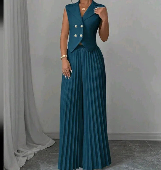 Summer Sleeveless Suit Fashion Lapel Button Vest Top And Pleated Straight Pants Women's Trousers Set Clothing