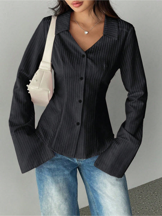 Women's Striped All-matching Casual Bell Sleeve Polo Collar Top