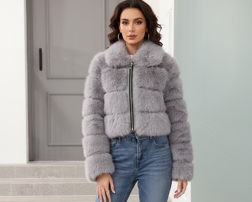 Grey faux fur jacket - full body front