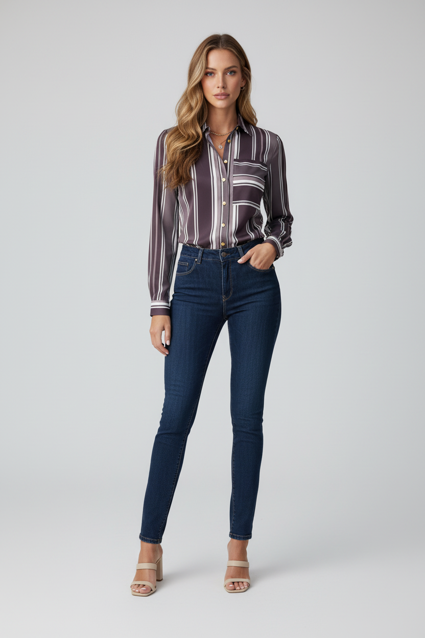 Grey striped shirt - full body front