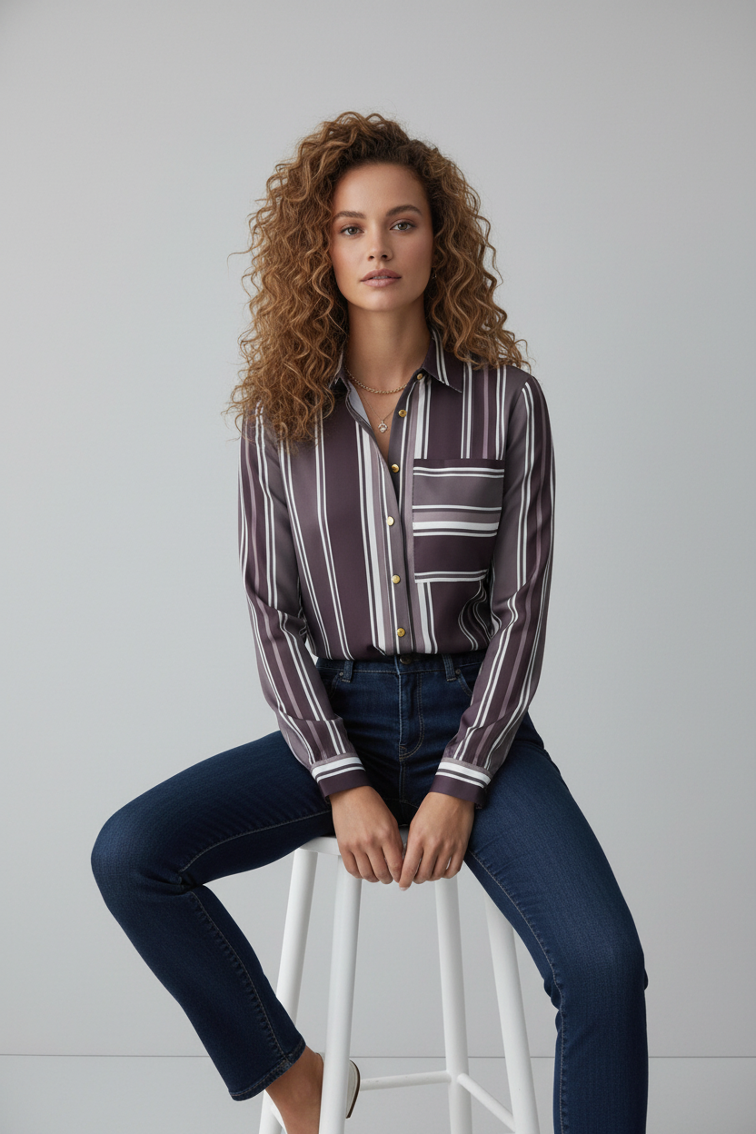 Grey striped shirt - sitting on stool