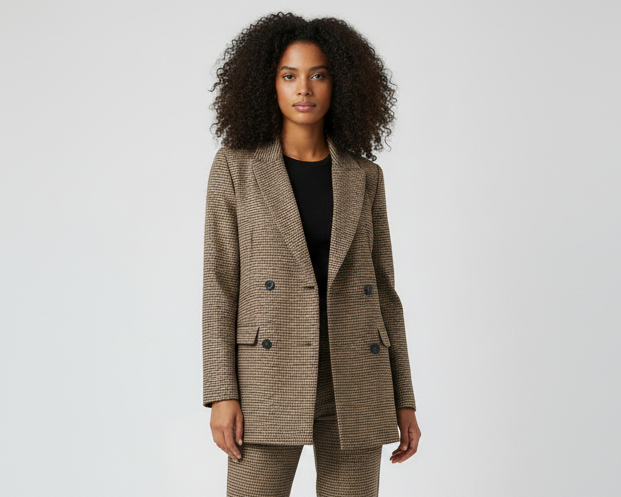 Women's Mid-Length Double-Breasted Houndstooth Blazer