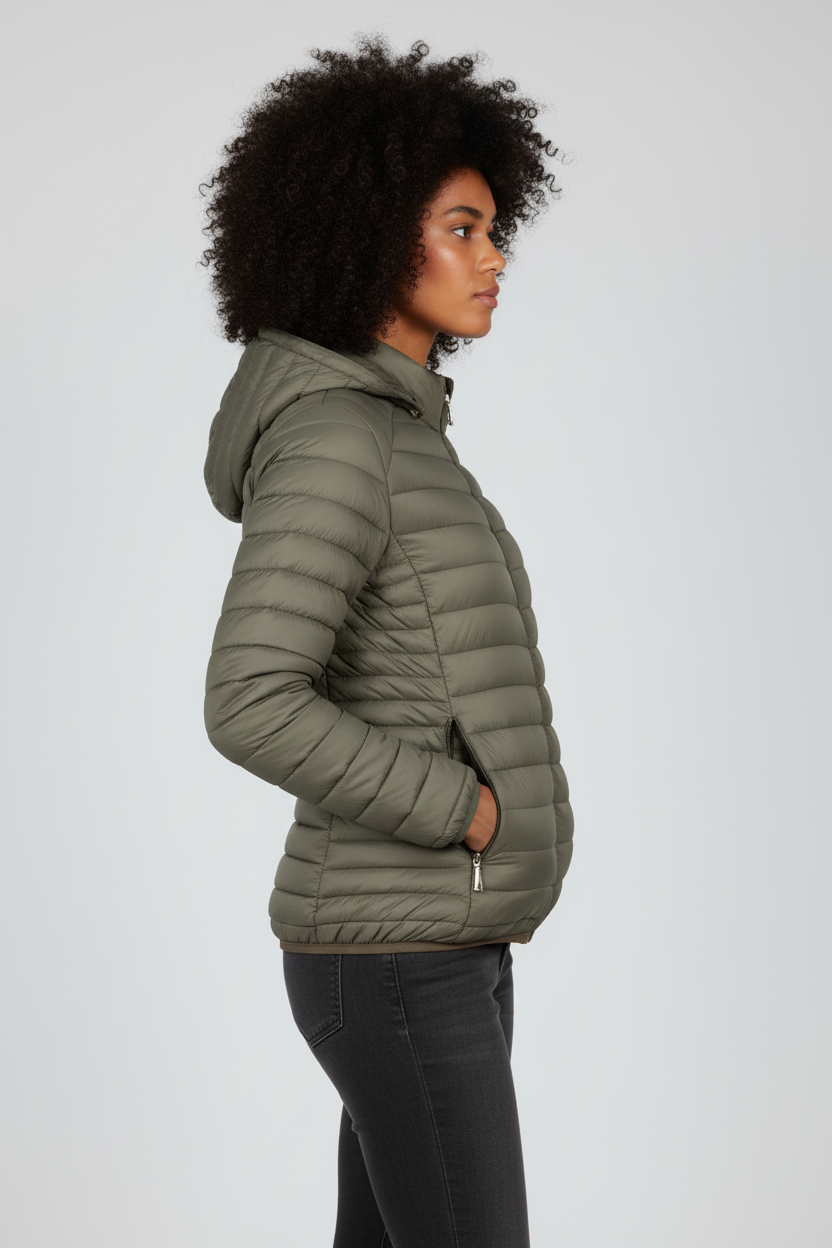 Olive puffer jacket - side view
