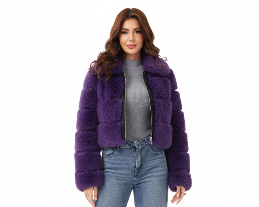 Purple faux fur jacket - full body front