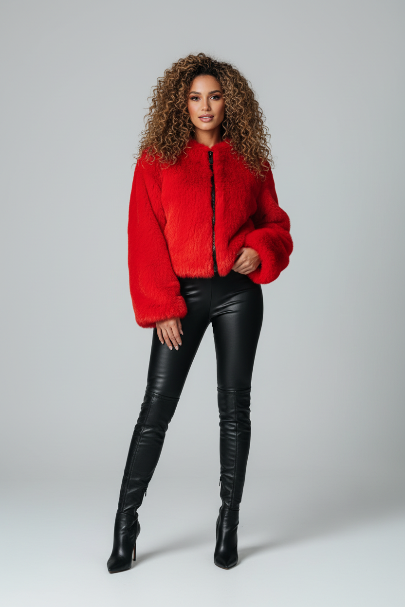 Red faux fur jacket - full body front