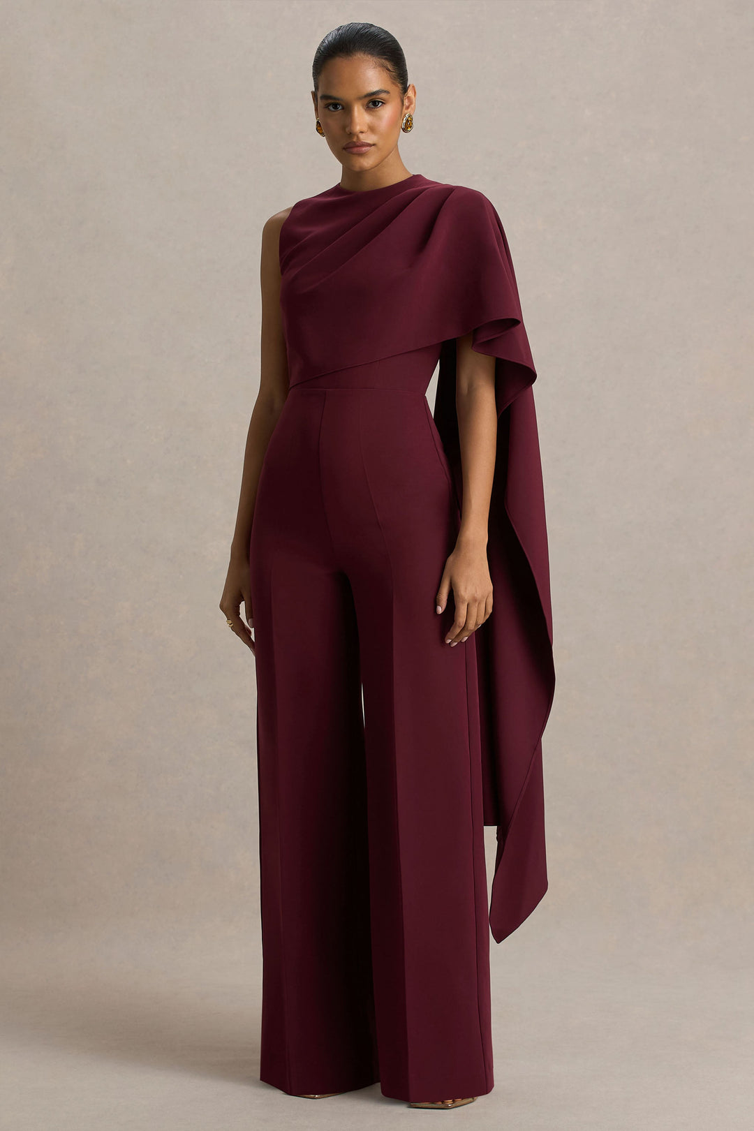 Sorenia | Burgundy High-Neck Jumpsuit With One-Cape Sleeve
