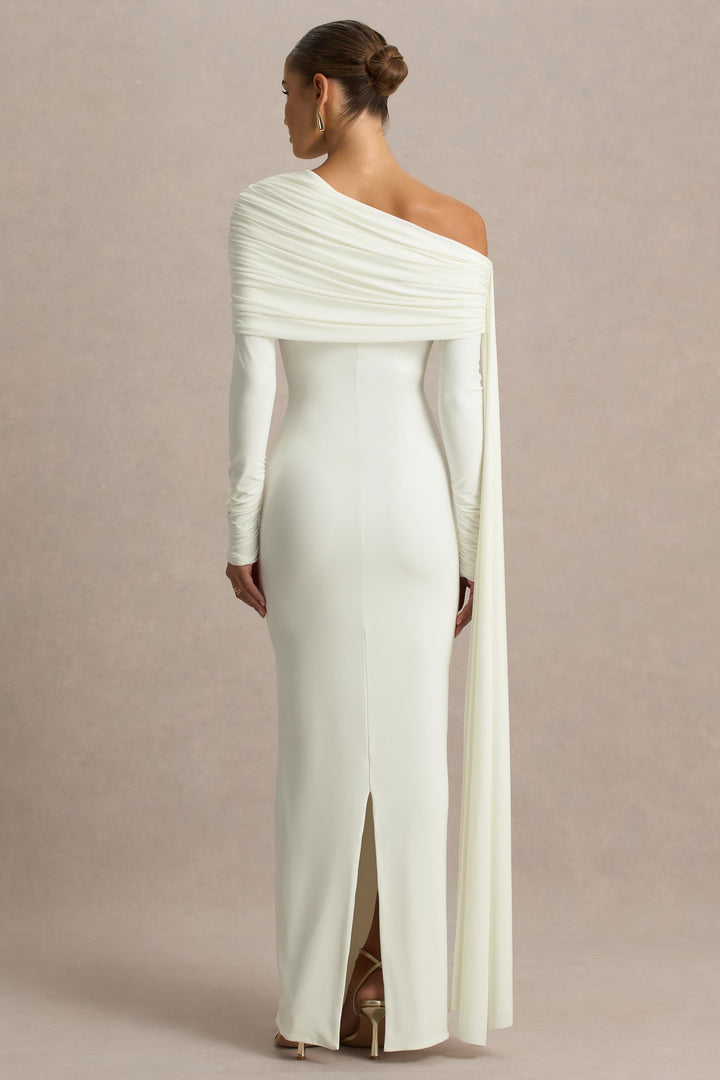 Octavia | Cream Bardot-Neck Maxi Dress With Sash And Ruched Detailing