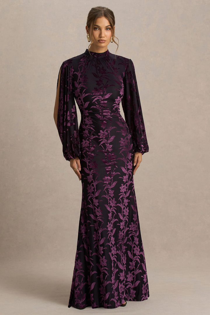 Janet | Black And Burgundy Devore High-Neck Maxi Dress With Cut-Out Details