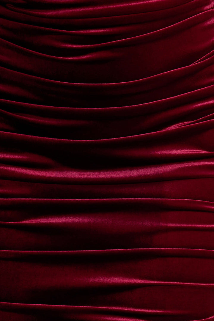 Apolline | Berry Velvet Off The Shoulder Ruched Fishtail Maxi Dress