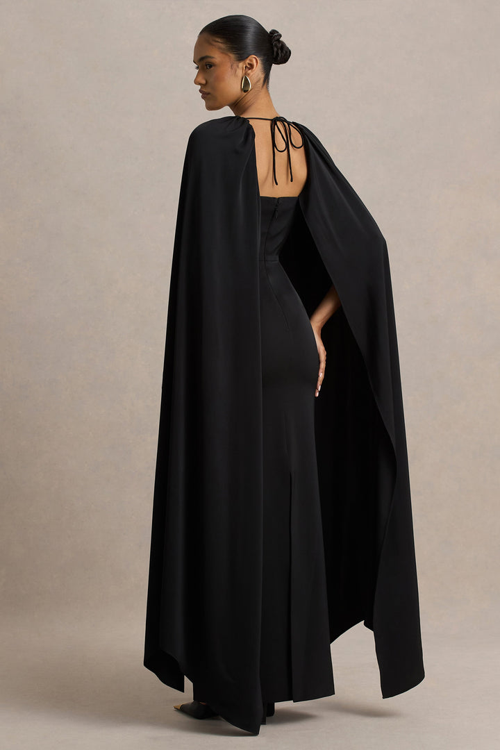 Wren | Black Satin Sweetheart-Neck Maxi Dress With Cape Sleeves