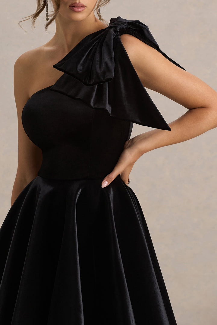Keeley | Black Asymmetric-Neck Velvet Mini Dress With Bow Detail