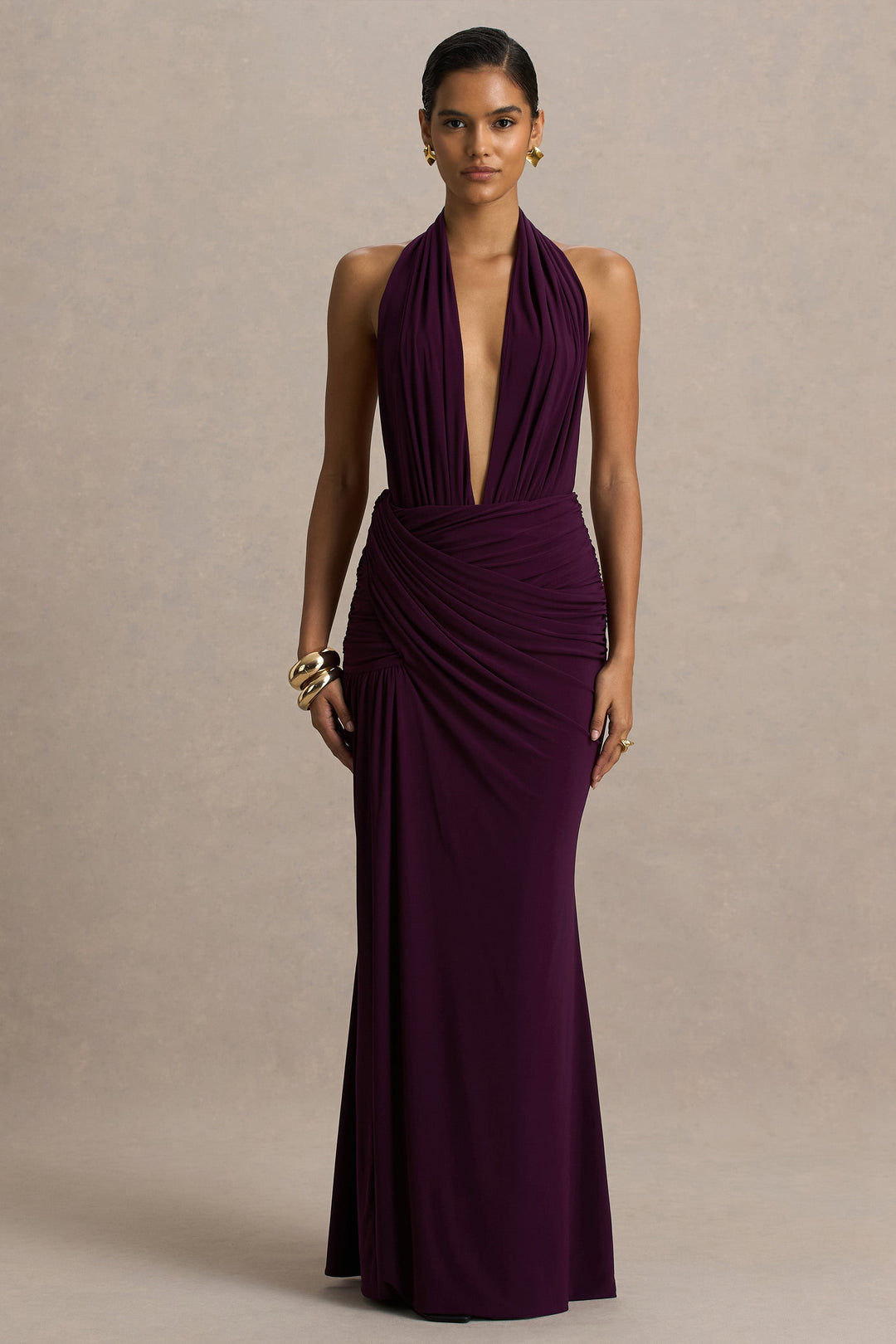 Tilly | Burgundy Extreme-Plunge Neck Maxi Dress With Wrap And Ruched Details