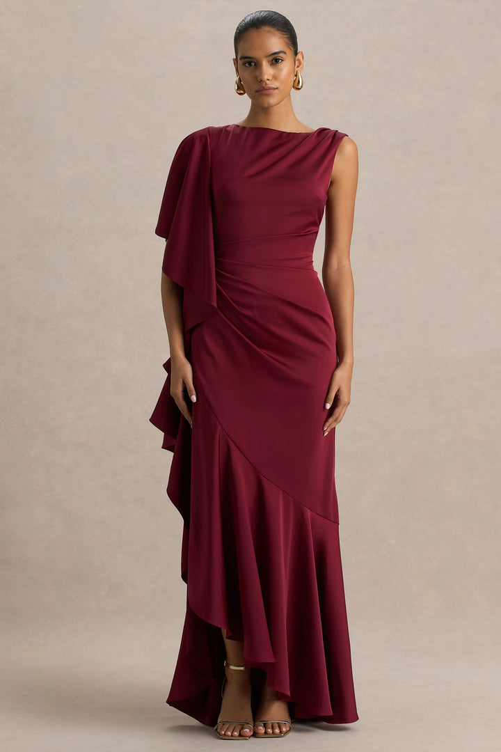 Rosy | Burgundy Satin Boat-Neck Maxi Dress With Front Split And Ruffled Detailing
