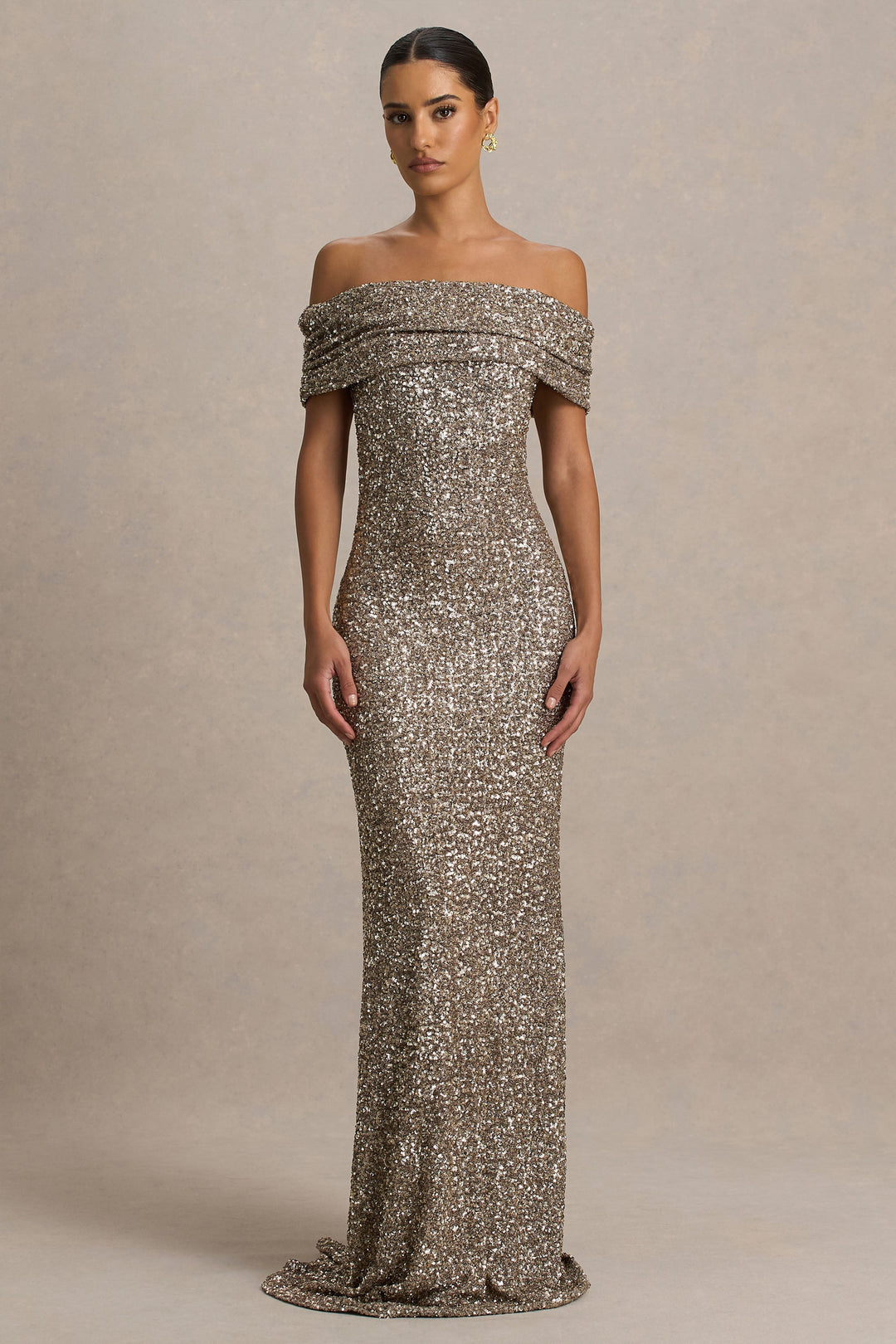 Melina | Champagne Sequin Bardot-Neck Maxi Dress