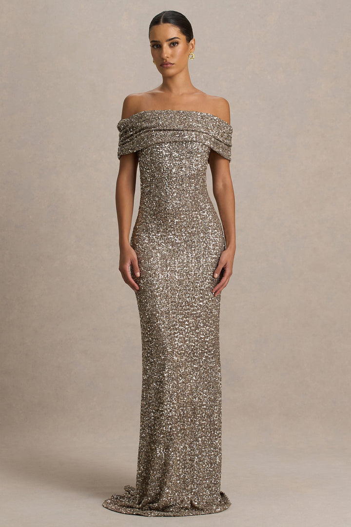 Melina | Champagne Sequin Bardot-Neck Maxi Dress