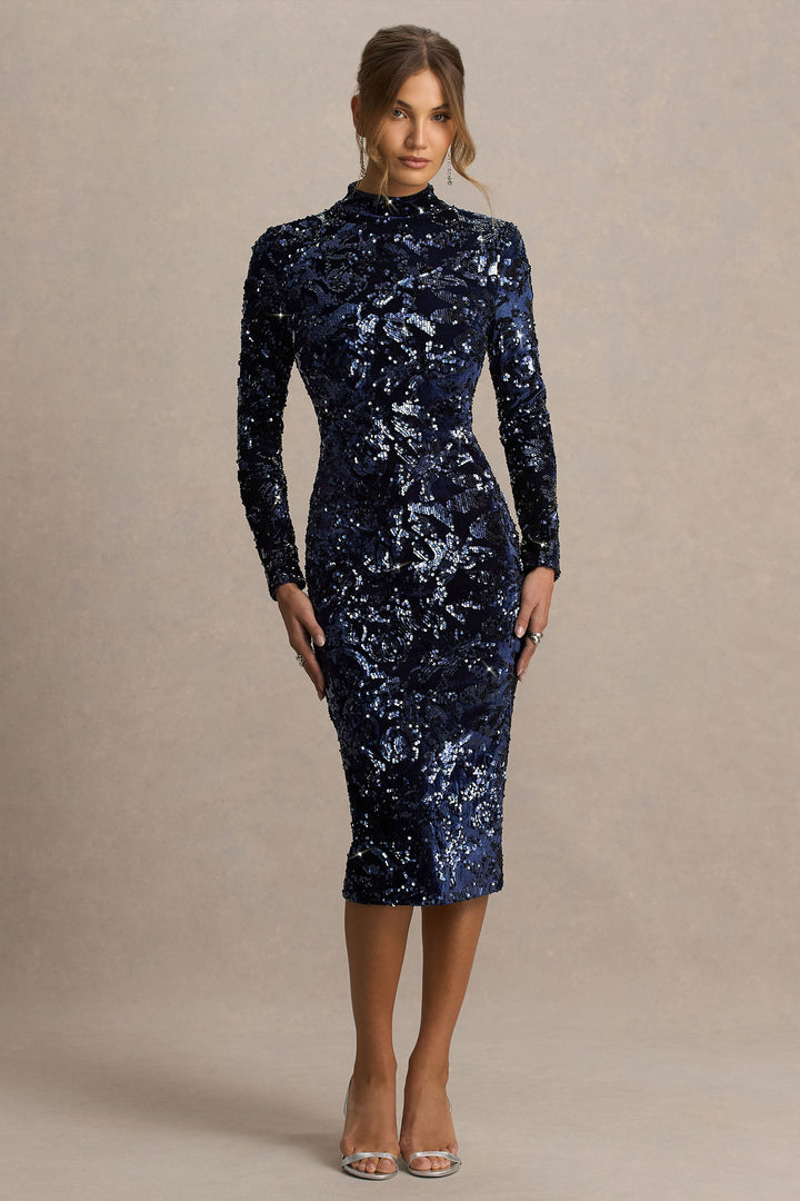 Alanita | Navy Velvet And Sequin Embellished High-Neck Midi Dress With Long Sleeves