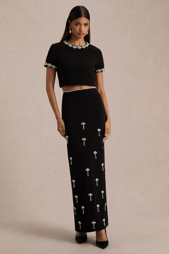 Aven | Black Hand-Embellished Maxi Skirt