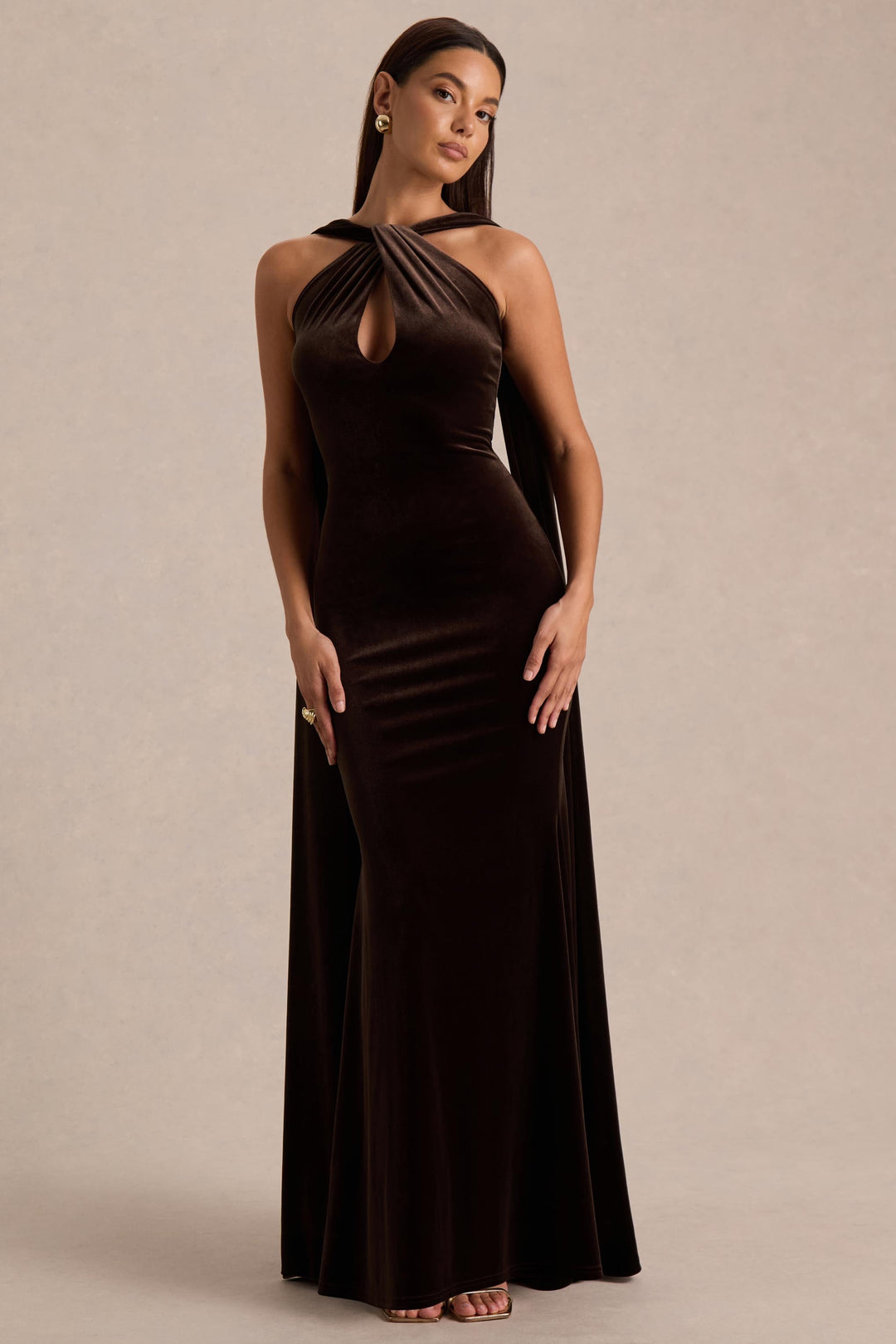 Layli | Brown Velvet Halter-Neck Maxi Dress With Cape